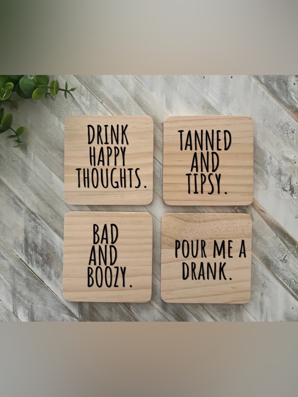 Wooden Beverage Coasters with Black Script - Natural Wood